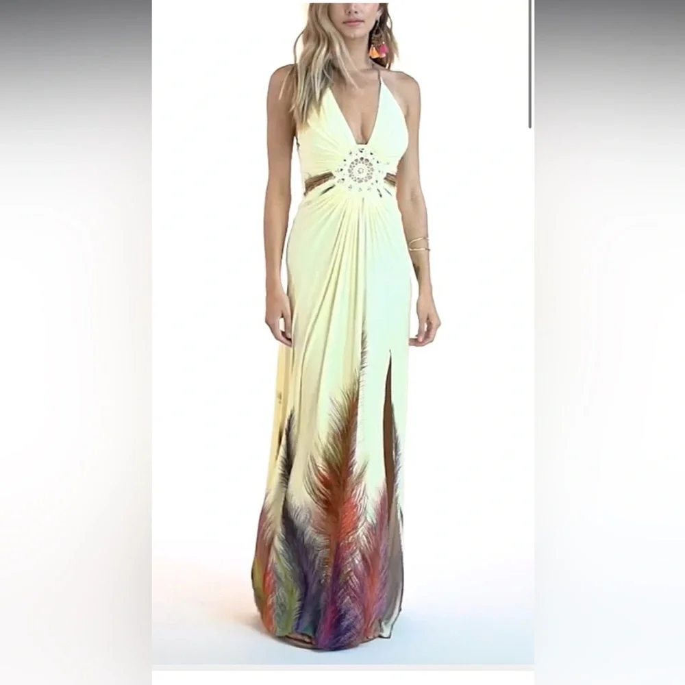 Pale yellow Sky Maxi Dress with Feather Detail, large, worn twice - Picture 1 of 13